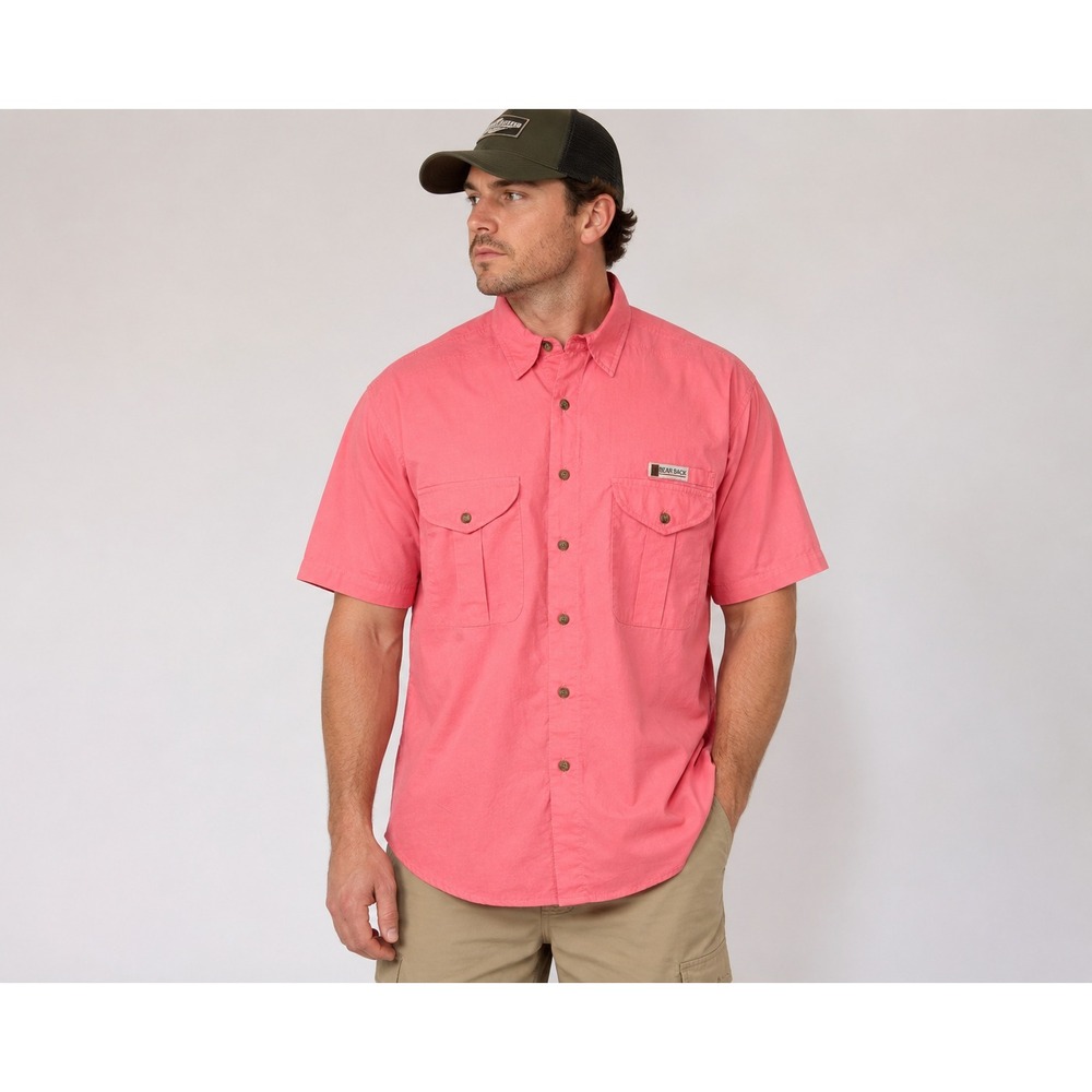 Bear‎ Back Mens Large Fishing Shirt Pink Short Sleeve Button Up Vented L